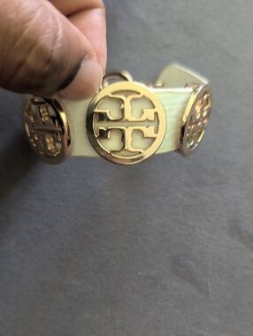 Fashion Inspired Faux Leather Bracelet with Gold Logo Discs